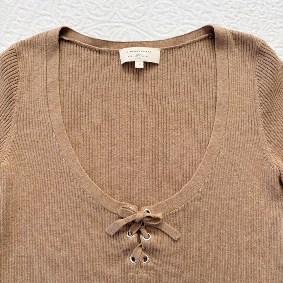 Sezane Soizic Tie Front Merino Wool Blend Jumper, Camel - Picture 5 of 8